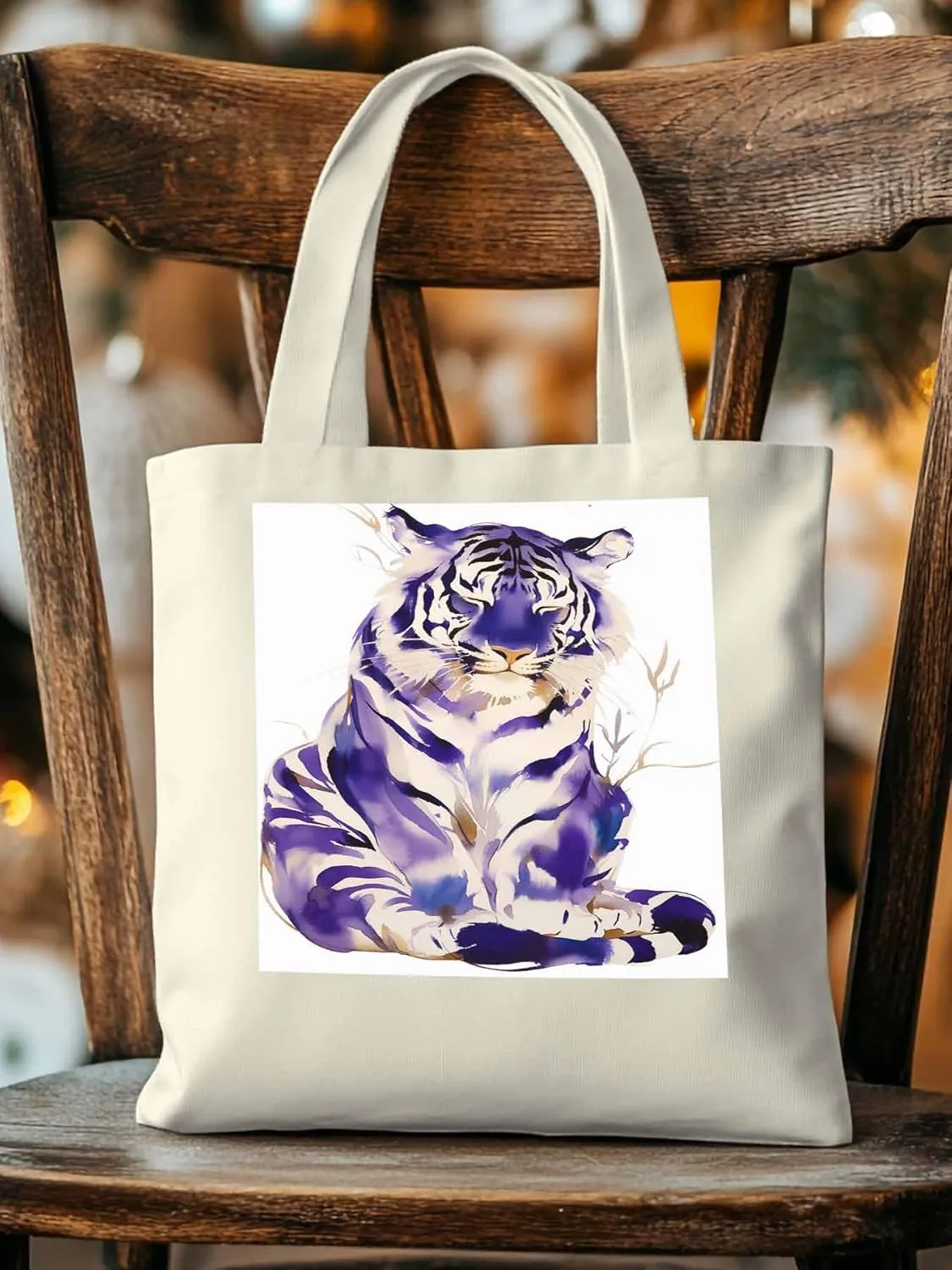 Canvas Tote Bag, Purple Tiger White Watercolor Aesthetic Canvas Tote Handbags for Women Shoulder Bag