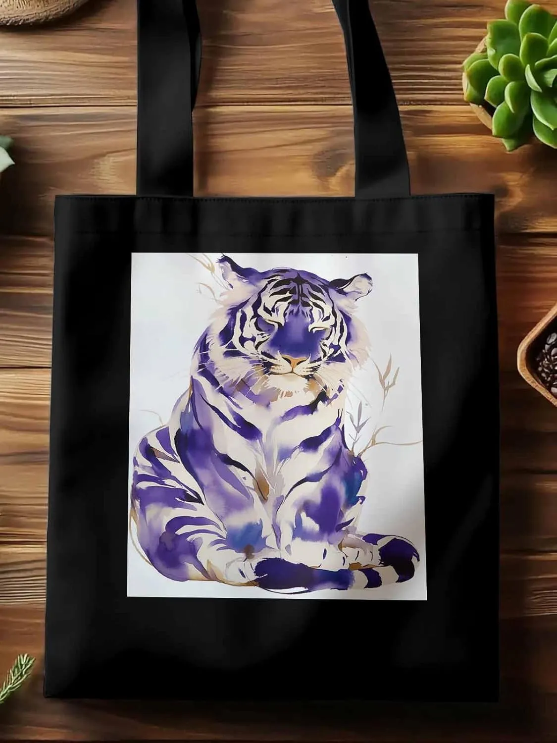 Canvas Tote Bag, Purple Tiger White Watercolor Aesthetic Canvas Tote Handbags for Women Shoulder Bag