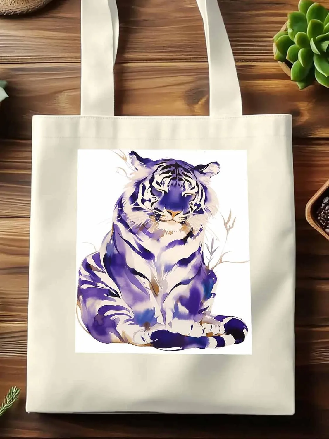 Canvas Tote Bag, Purple Tiger White Watercolor Aesthetic Canvas Tote Handbags for Women Shoulder Bag