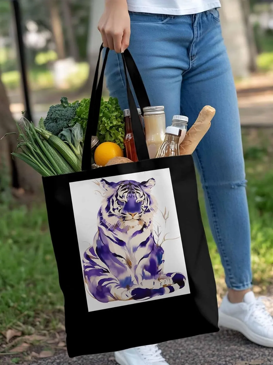 Canvas Tote Bag, Purple Tiger White Watercolor Aesthetic Canvas Tote Handbags for Women Shoulder Bag