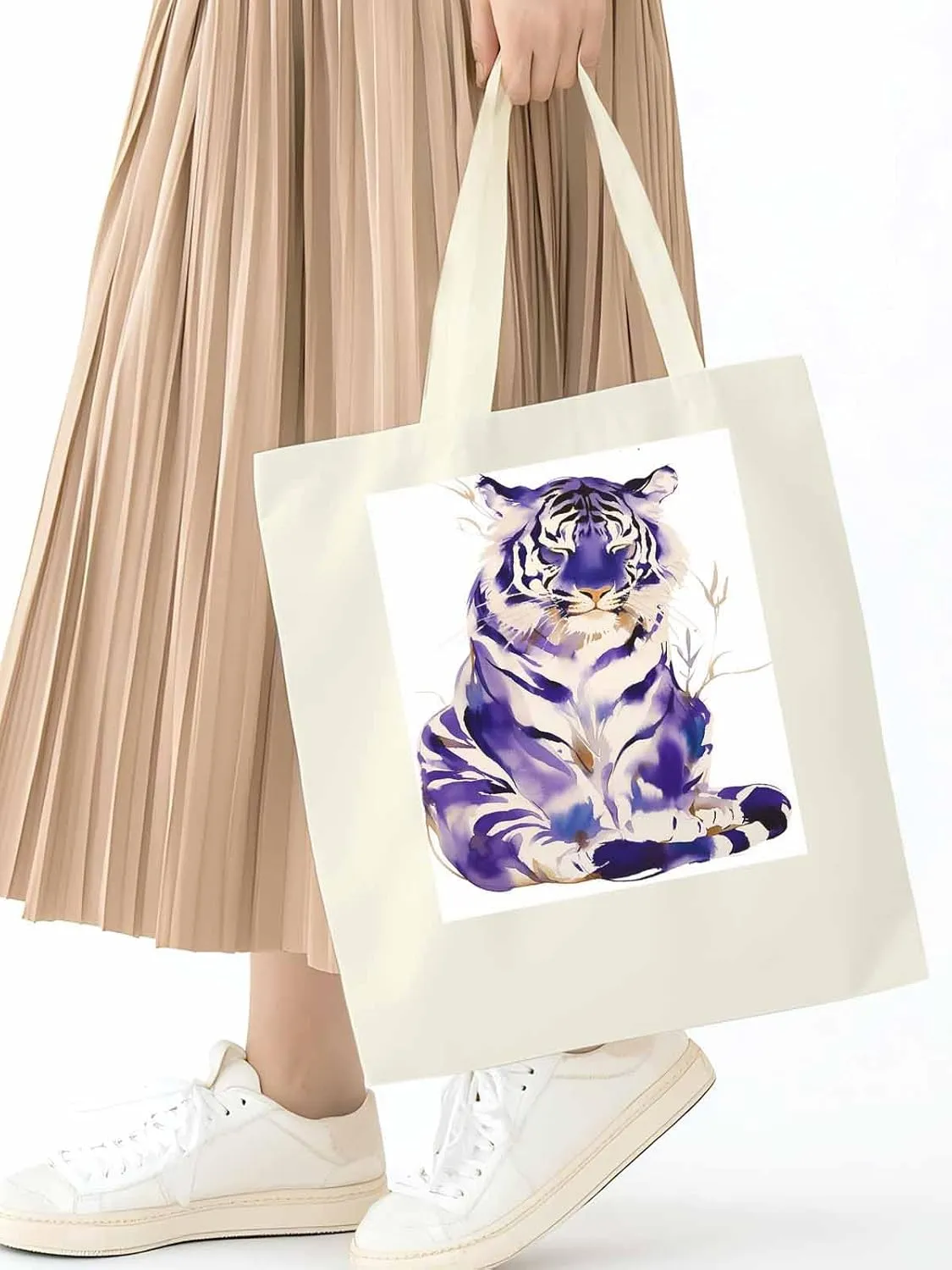 Canvas Tote Bag, Purple Tiger White Watercolor Aesthetic Canvas Tote Handbags for Women Shoulder Bag
