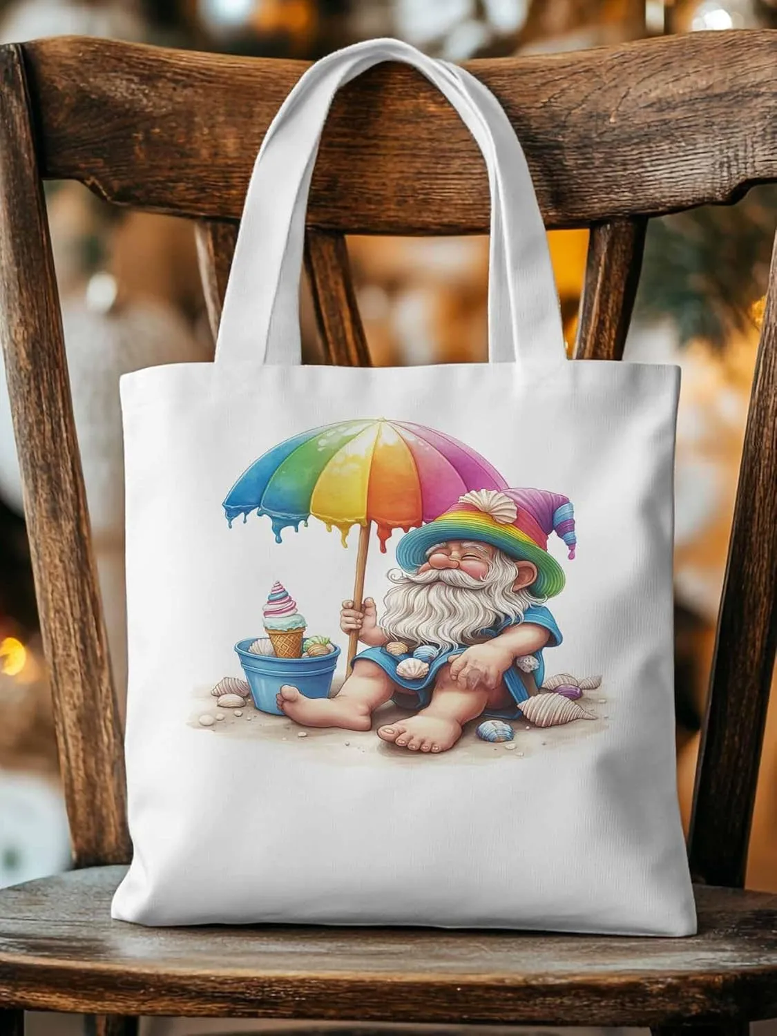 Canvas Tote Bag, Rainbow Gnomes Beach Vacation Aesthetic Canvas Tote Handbags for Women Shoulder Bag,