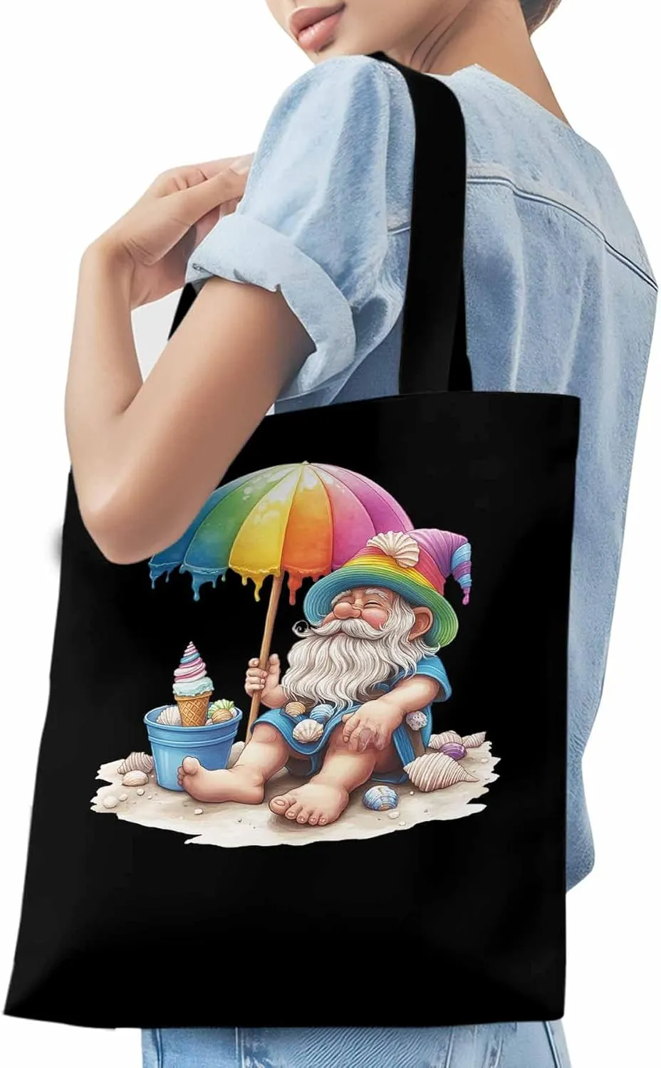 Canvas Tote Bag, Rainbow Gnomes Beach Vacation Aesthetic Canvas Tote Handbags for Women Shoulder Bag,