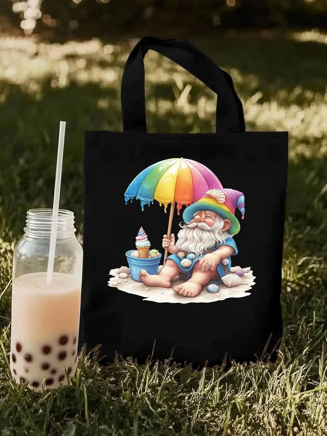 Canvas Tote Bag, Rainbow Gnomes Beach Vacation Aesthetic Canvas Tote Handbags for Women Shoulder Bag,