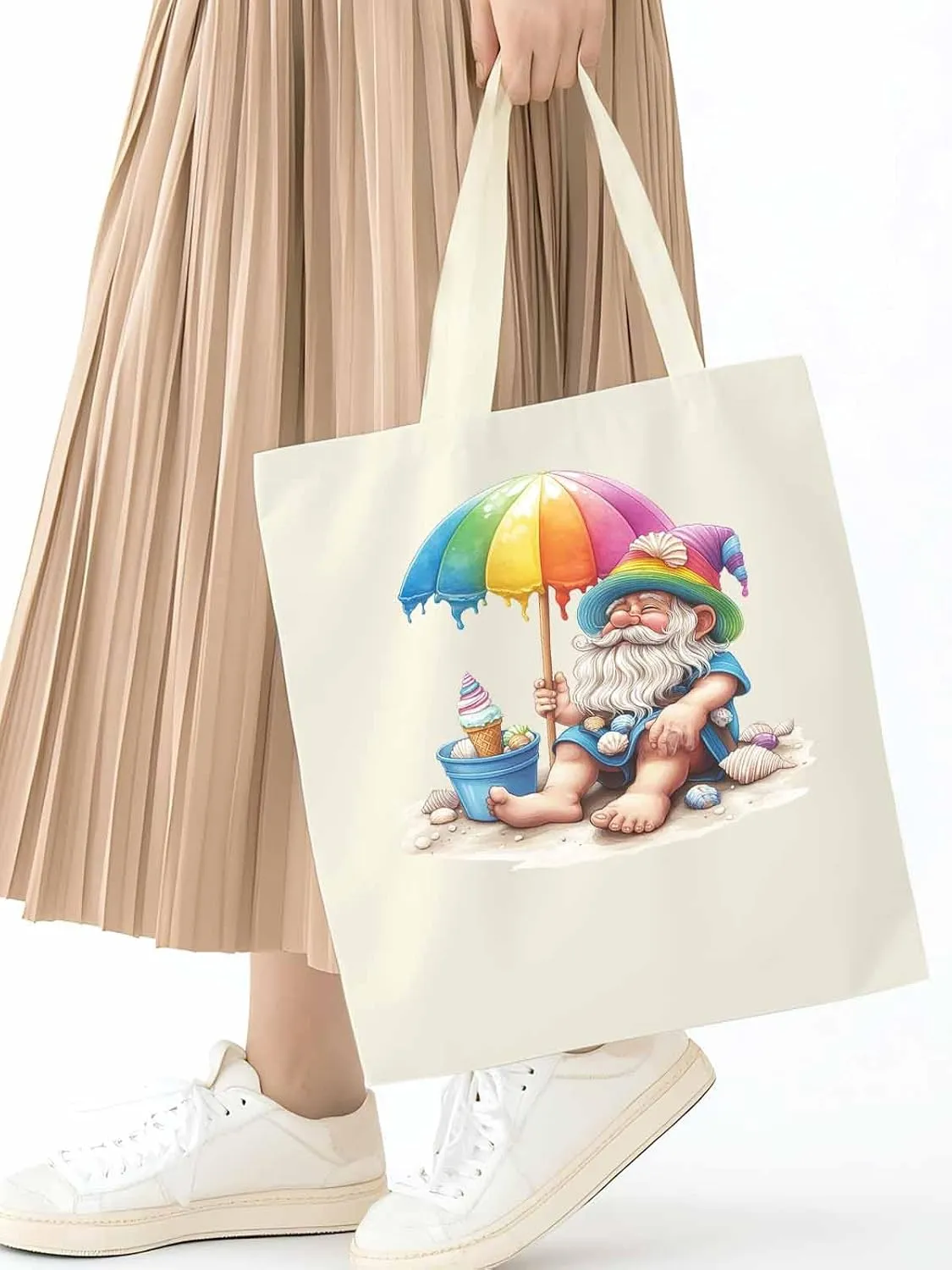 Canvas Tote Bag, Rainbow Gnomes Beach Vacation Aesthetic Canvas Tote Handbags for Women Shoulder Bag,