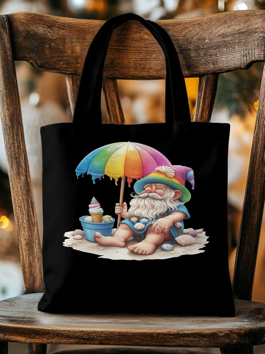 Canvas Tote Bag, Rainbow Gnomes Beach Vacation Aesthetic Canvas Tote Handbags for Women Shoulder Bag,