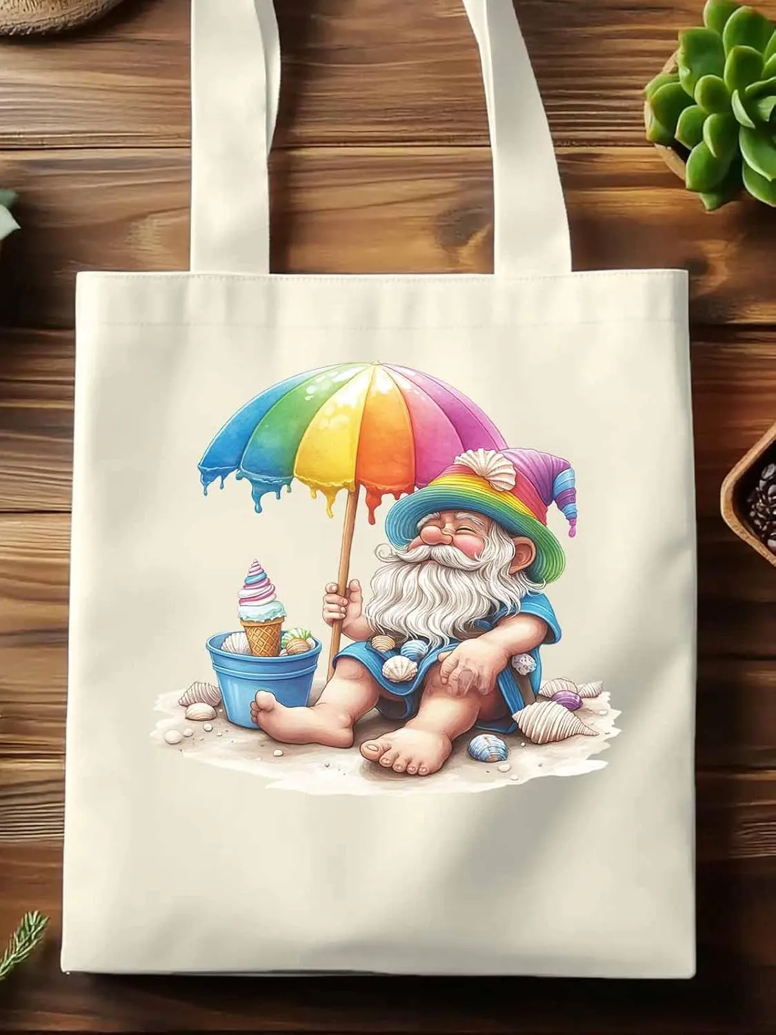Canvas Tote Bag, Rainbow Gnomes Beach Vacation Aesthetic Canvas Tote Handbags for Women Shoulder Bag,