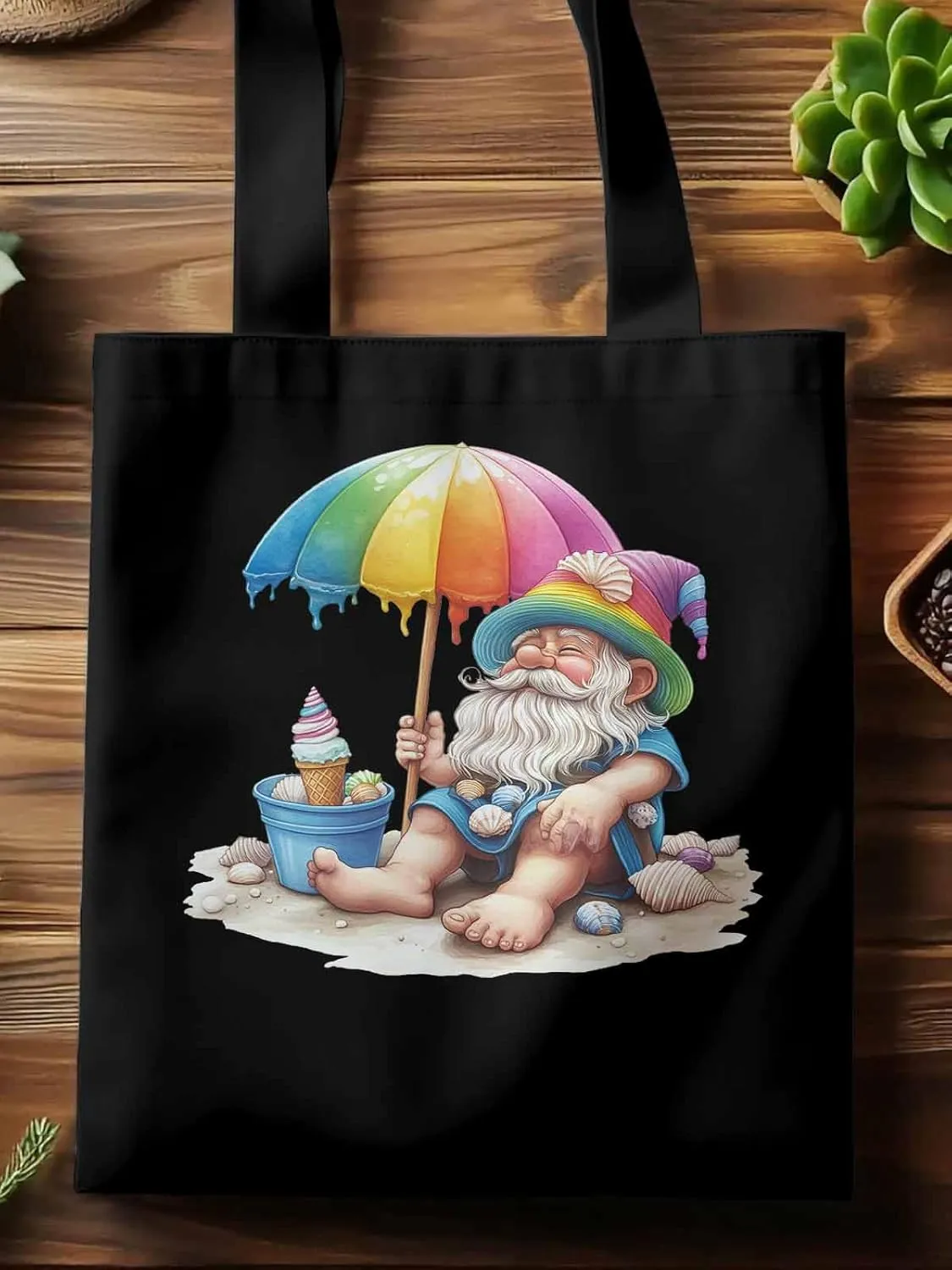 Canvas Tote Bag, Rainbow Gnomes Beach Vacation Aesthetic Canvas Tote Handbags for Women Shoulder Bag,
