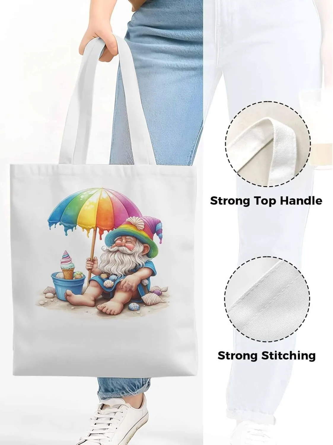 Canvas Tote Bag, Rainbow Gnomes Beach Vacation Aesthetic Canvas Tote Handbags for Women Shoulder Bag,