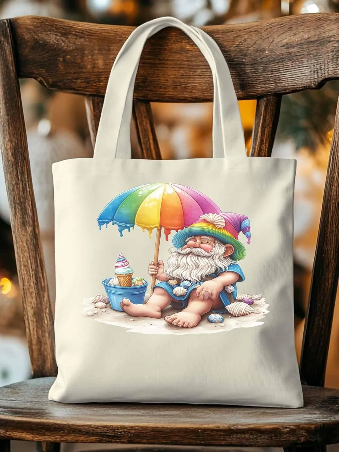 Canvas Tote Bag, Rainbow Gnomes Beach Vacation Aesthetic Canvas Tote Handbags for Women Shoulder Bag,