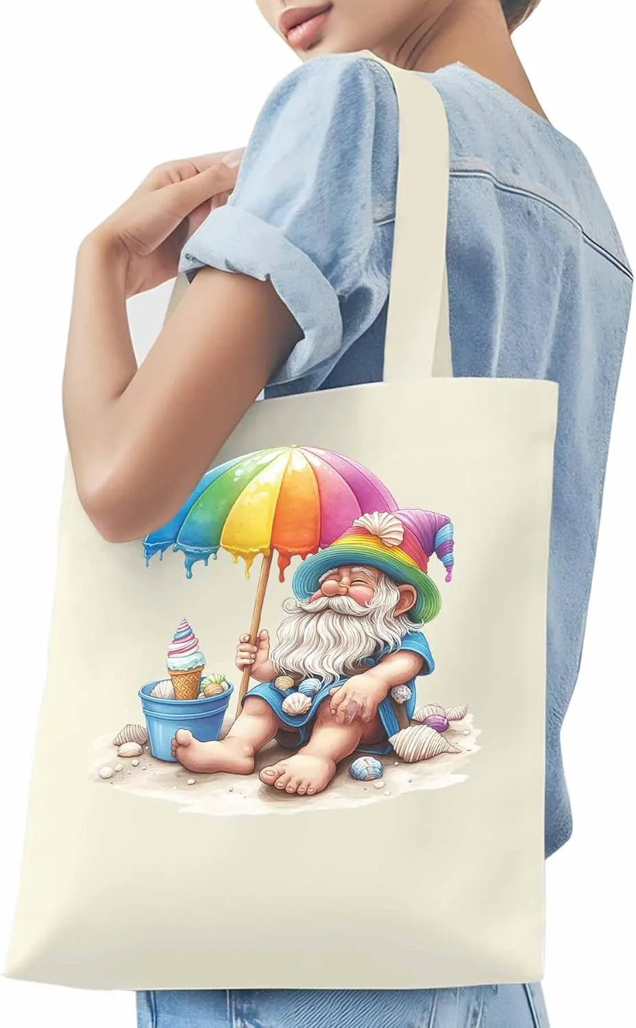 Canvas Tote Bag, Rainbow Gnomes Beach Vacation Aesthetic Canvas Tote Handbags for Women Shoulder Bag,