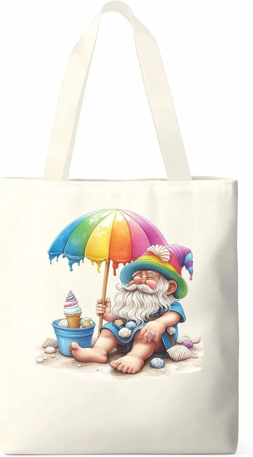 Canvas Tote Bag, Rainbow Gnomes Beach Vacation Aesthetic Canvas Tote Handbags for Women Shoulder Bag,