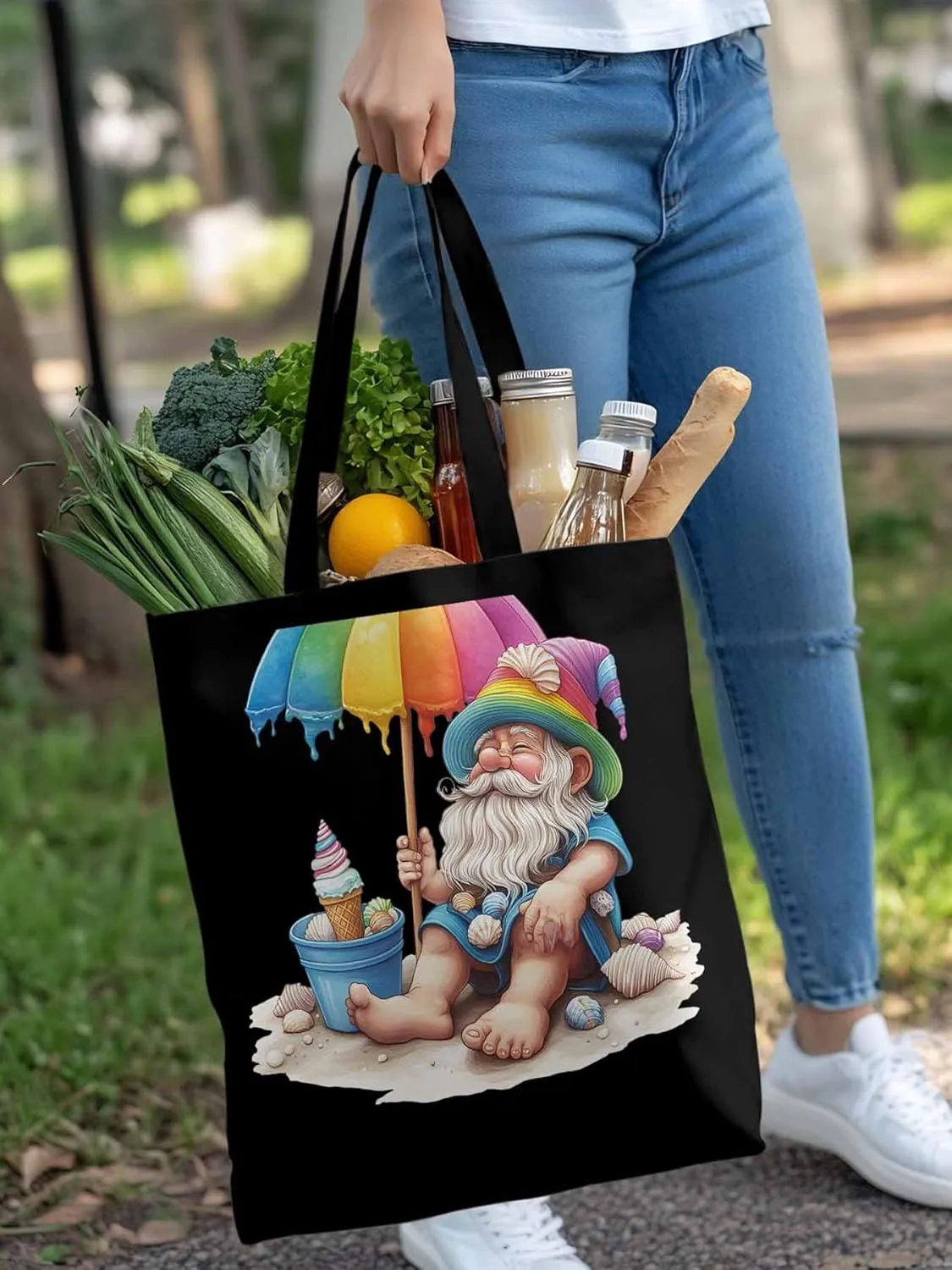 Canvas Tote Bag, Rainbow Gnomes Beach Vacation Aesthetic Canvas Tote Handbags for Women Shoulder Bag,