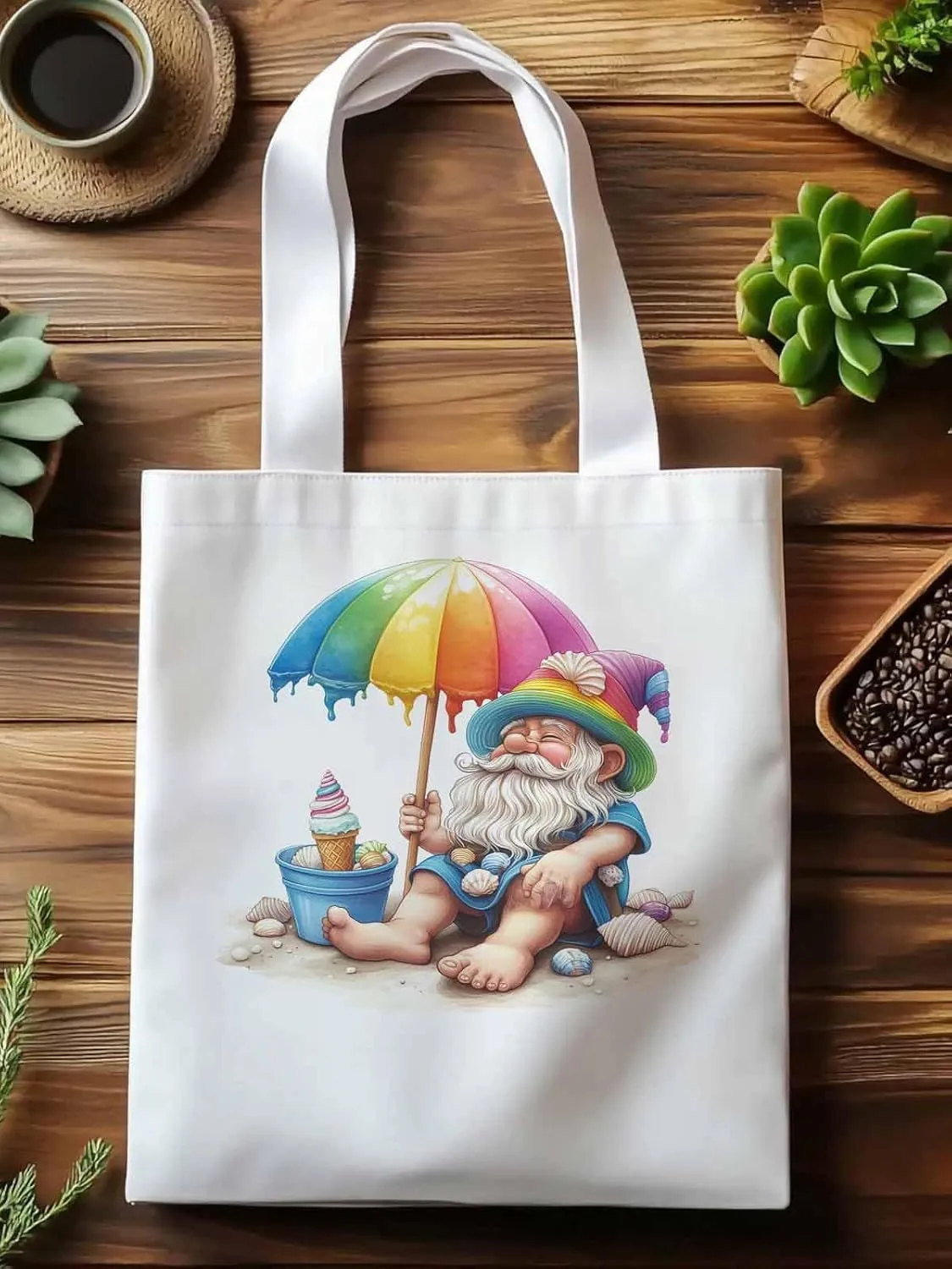 Canvas Tote Bag, Rainbow Gnomes Beach Vacation Aesthetic Canvas Tote Handbags for Women Shoulder Bag,