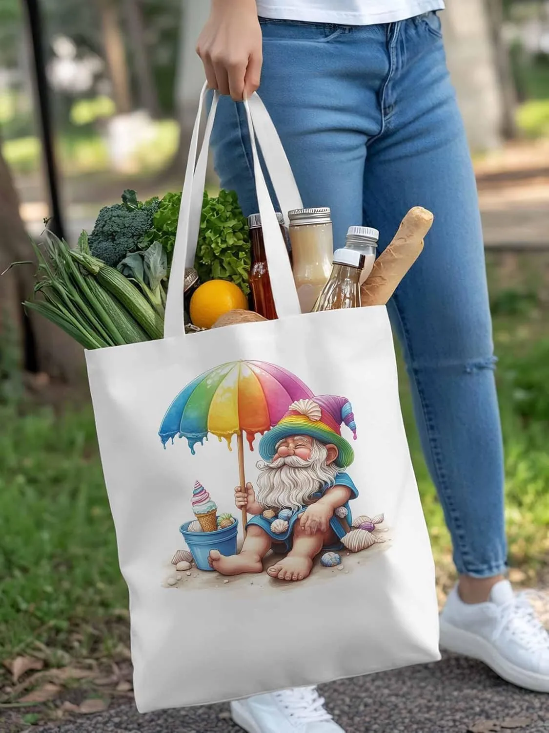 Canvas Tote Bag, Rainbow Gnomes Beach Vacation Aesthetic Canvas Tote Handbags for Women Shoulder Bag,