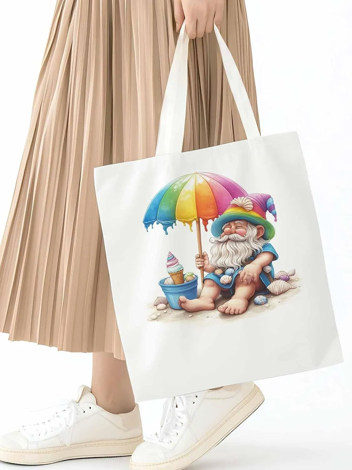 Canvas Tote Bag, Rainbow Gnomes Beach Vacation Aesthetic Canvas Tote Handbags for Women Shoulder Bag,