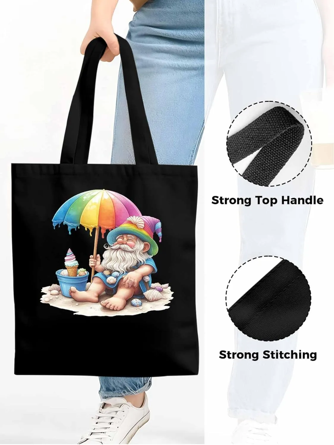 Canvas Tote Bag, Rainbow Gnomes Beach Vacation Aesthetic Canvas Tote Handbags for Women Shoulder Bag,