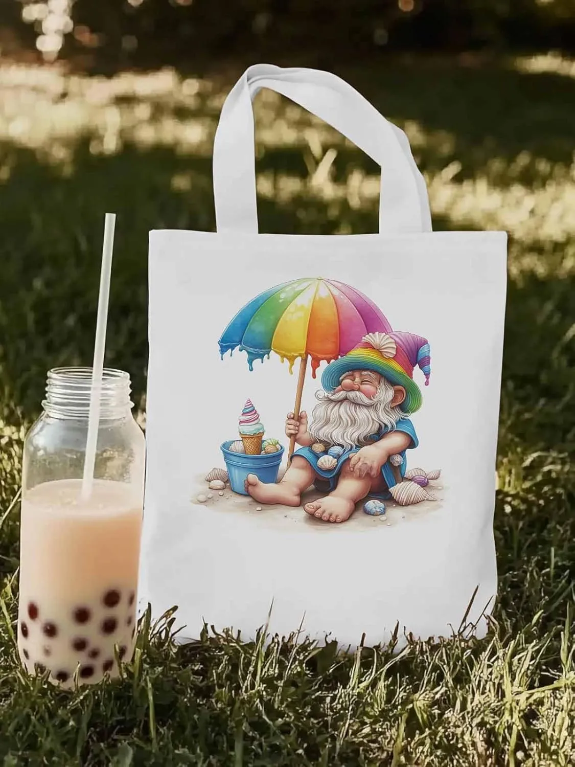 Canvas Tote Bag, Rainbow Gnomes Beach Vacation Aesthetic Canvas Tote Handbags for Women Shoulder Bag,