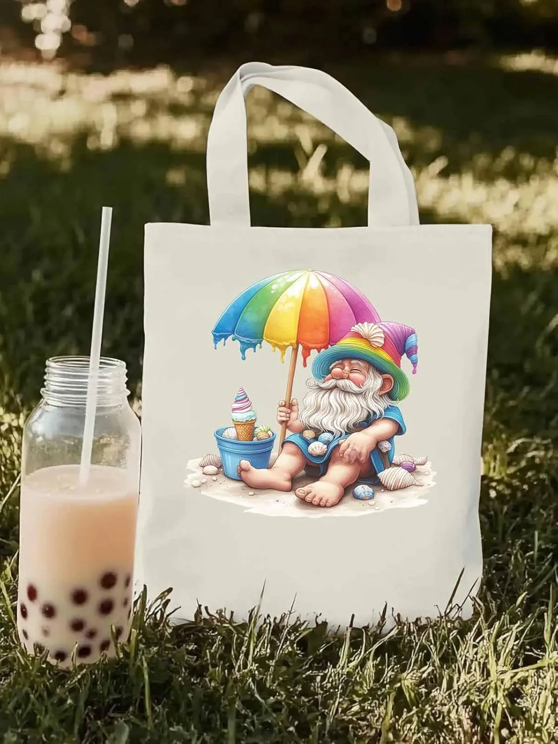 Canvas Tote Bag, Rainbow Gnomes Beach Vacation Aesthetic Canvas Tote Handbags for Women Shoulder Bag,