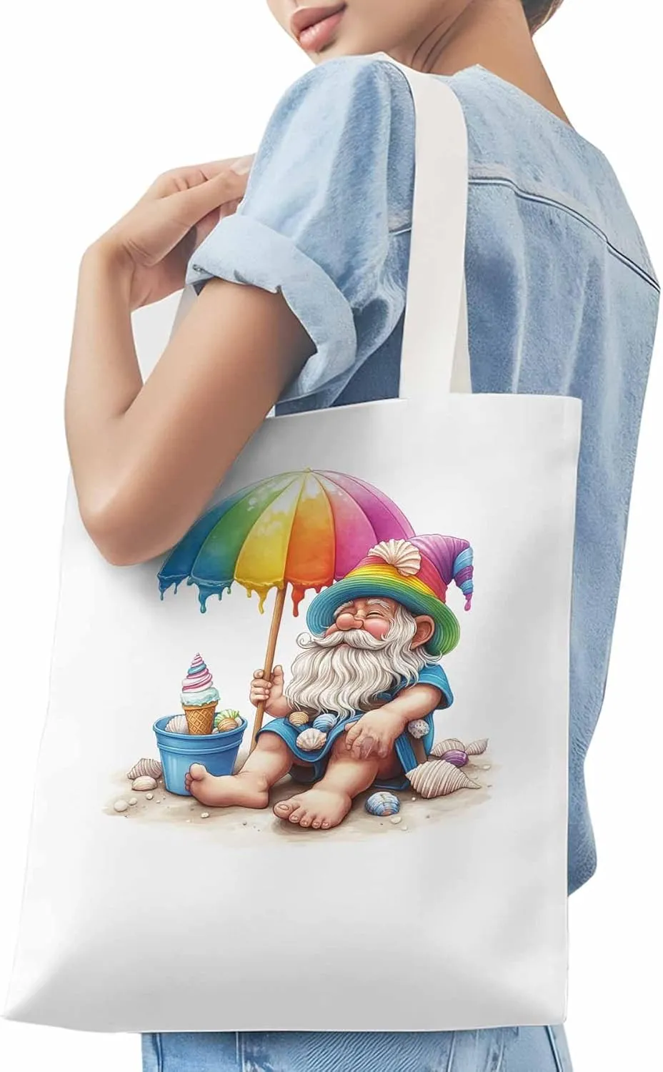 Canvas Tote Bag, Rainbow Gnomes Beach Vacation Aesthetic Canvas Tote Handbags for Women Shoulder Bag,