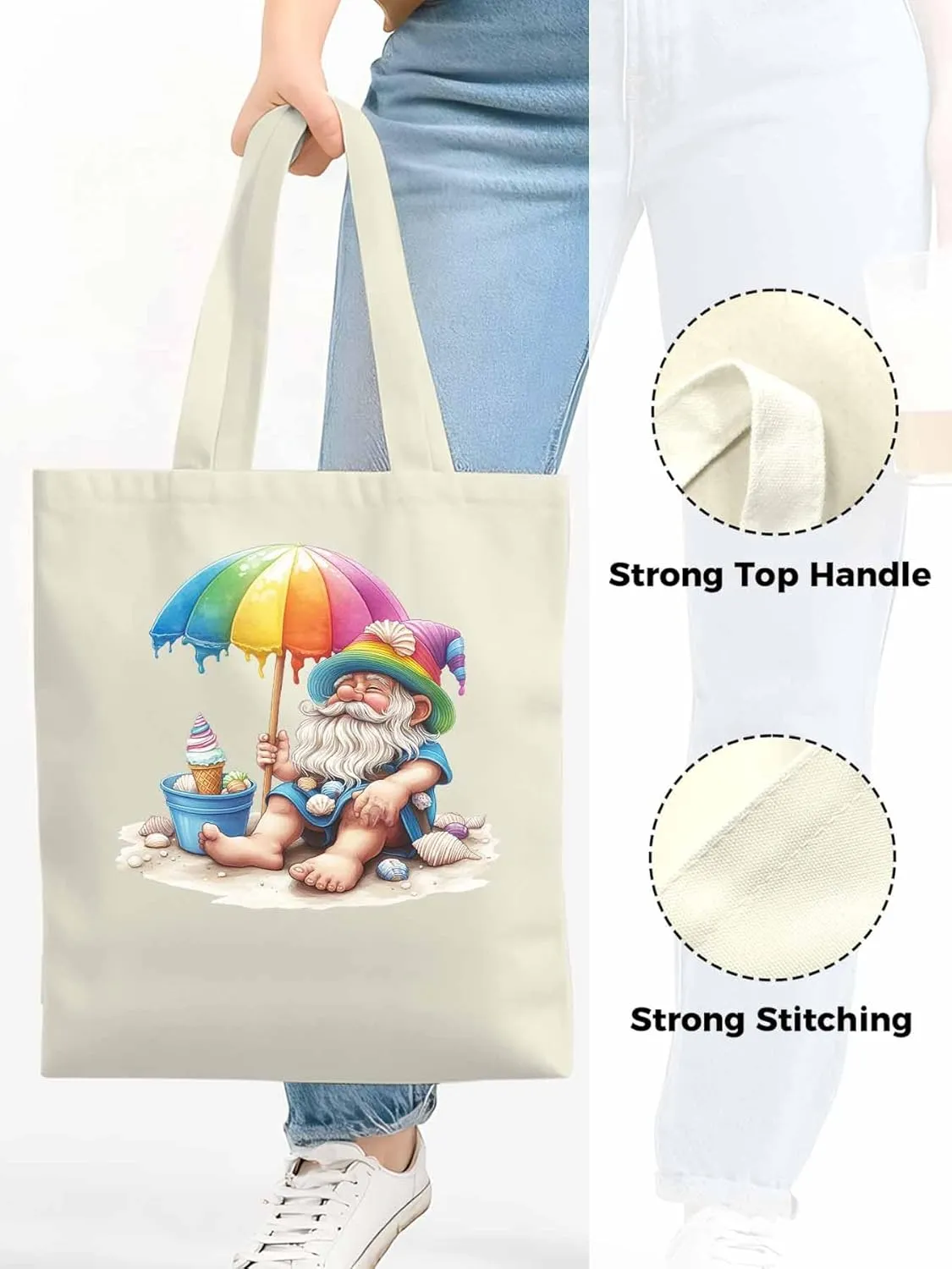 Canvas Tote Bag, Rainbow Gnomes Beach Vacation Aesthetic Canvas Tote Handbags for Women Shoulder Bag,