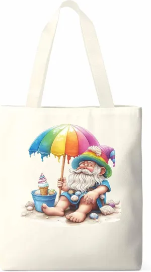 Canvas Tote Bag, Rainbow Gnomes Beach Vacation Aesthetic Canvas Tote Handbags for Women Shoulder Bag,