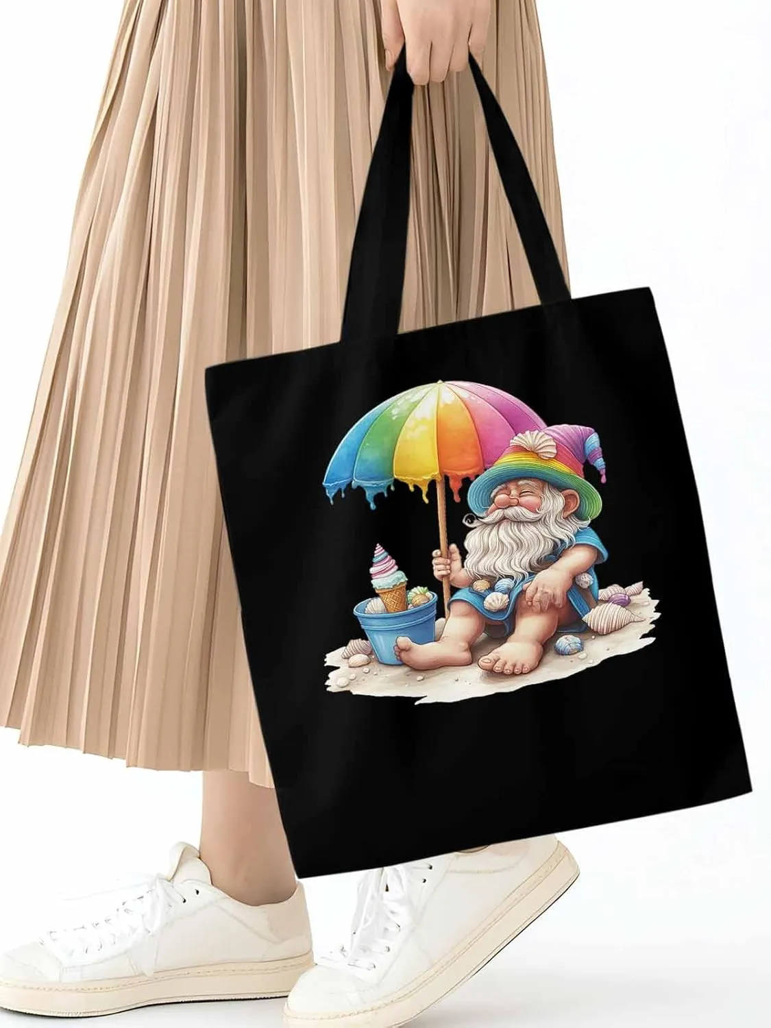 Canvas Tote Bag, Rainbow Gnomes Beach Vacation Aesthetic Canvas Tote Handbags for Women Shoulder Bag,