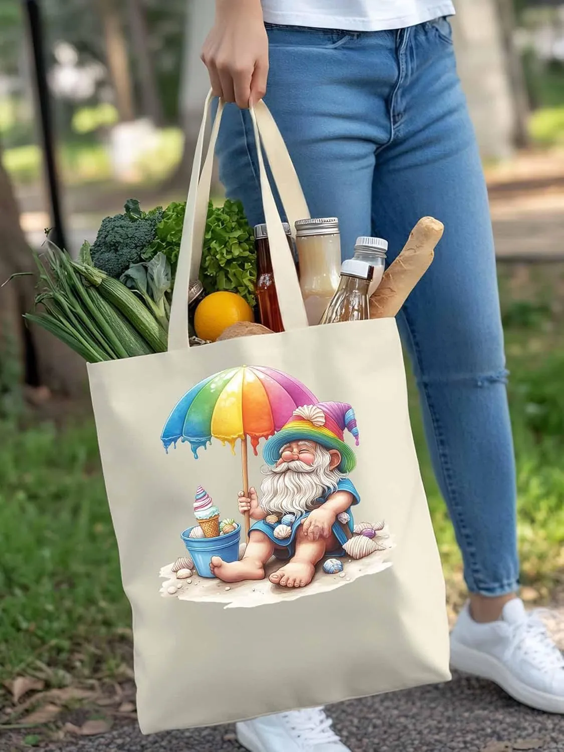 Canvas Tote Bag, Rainbow Gnomes Beach Vacation Aesthetic Canvas Tote Handbags for Women Shoulder Bag,