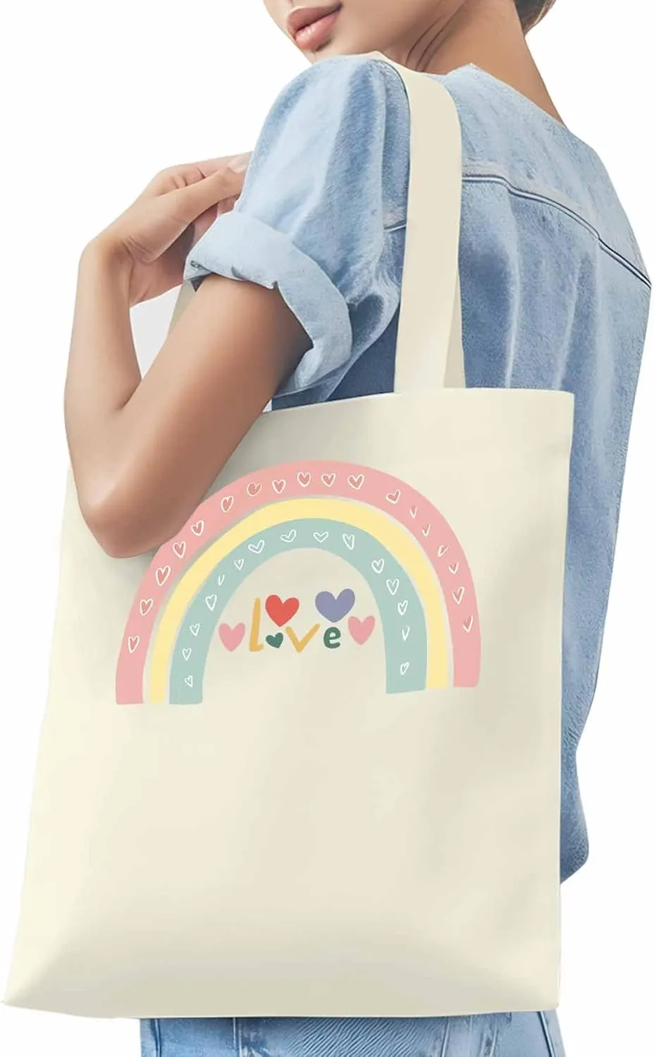 Canvas Tote Bag, Rainbow Love Heart Valentine's Day Aesthetic Canvas Tote Handbags for Women Shoulder Bag,