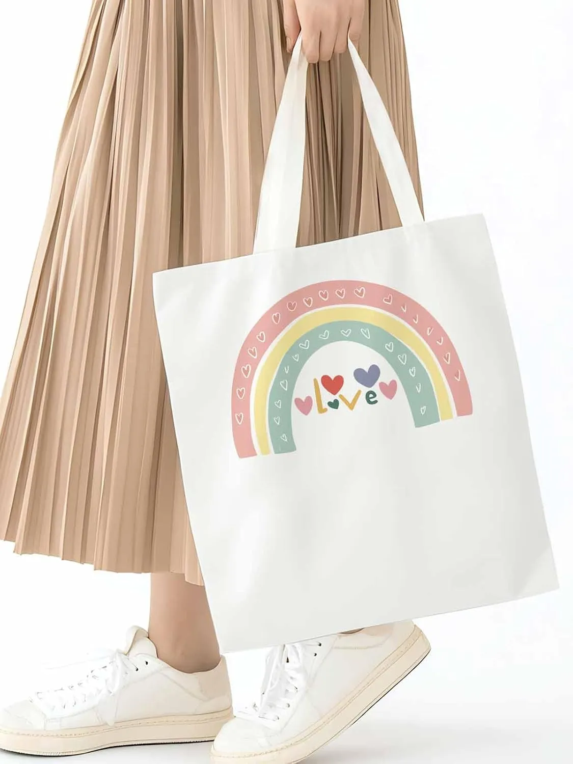 Canvas Tote Bag, Rainbow Love Heart Valentine's Day Aesthetic Canvas Tote Handbags for Women Shoulder Bag,