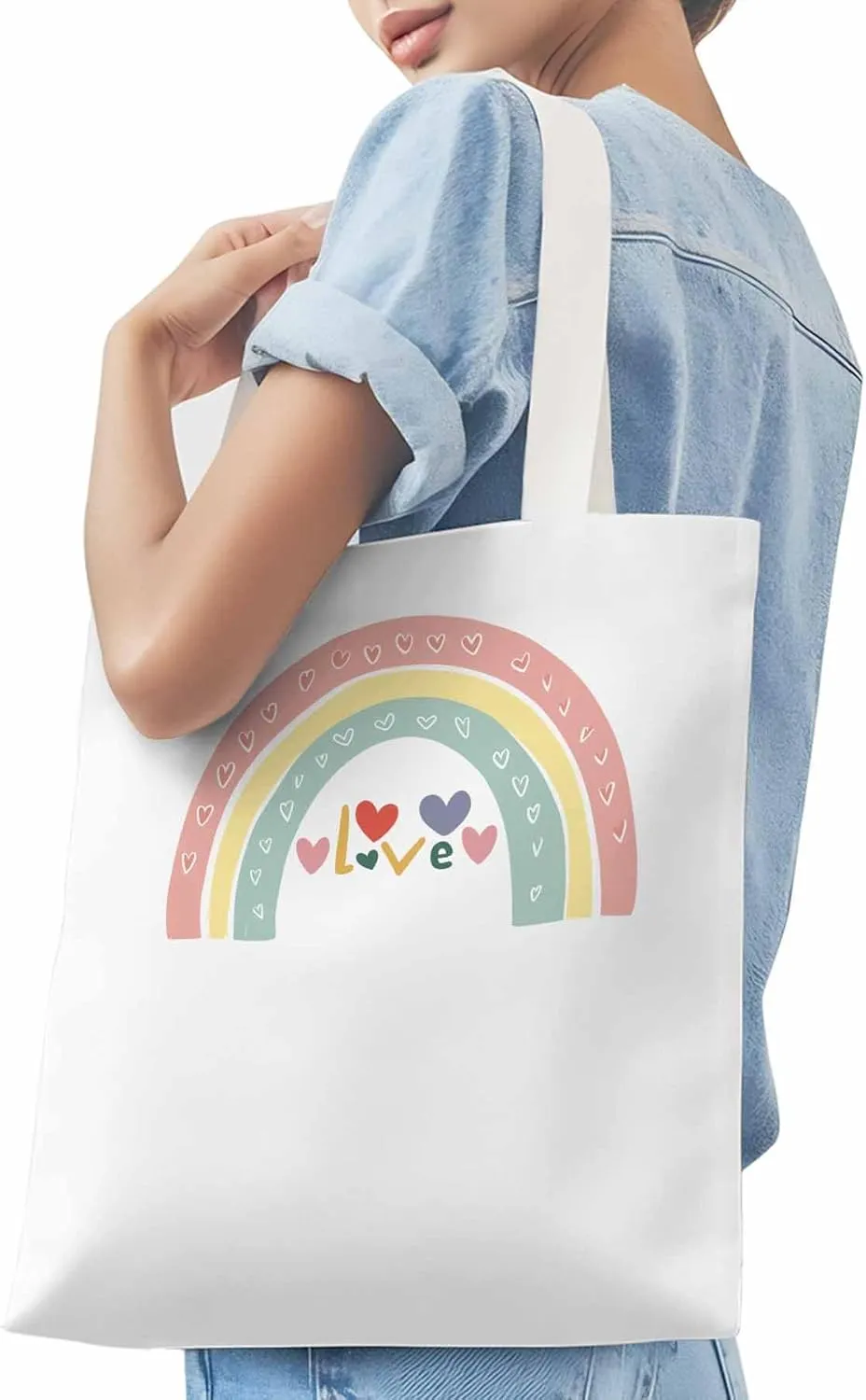 Canvas Tote Bag, Rainbow Love Heart Valentine's Day Aesthetic Canvas Tote Handbags for Women Shoulder Bag,