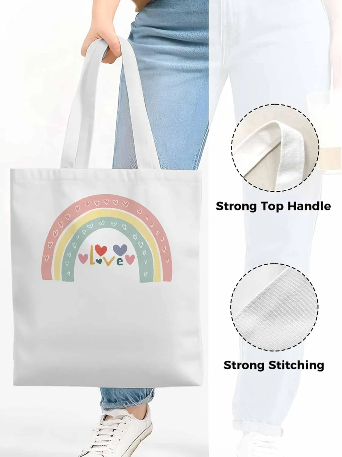 Canvas Tote Bag, Rainbow Love Heart Valentine's Day Aesthetic Canvas Tote Handbags for Women Shoulder Bag,