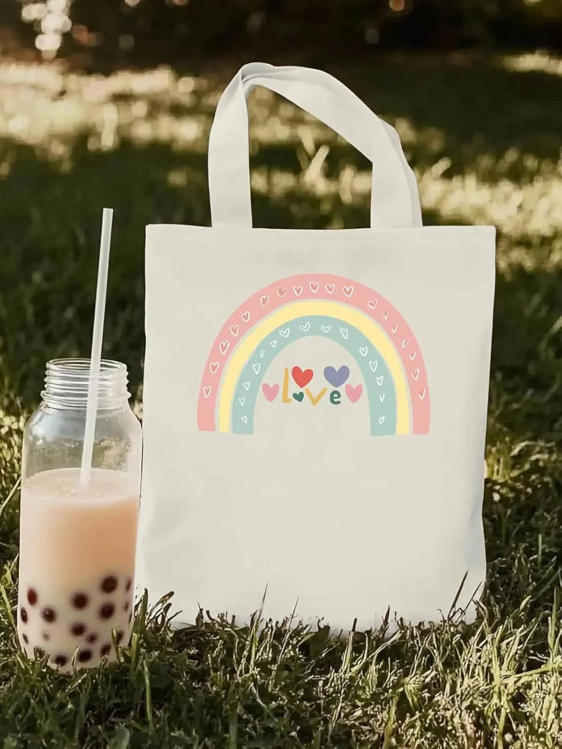 Canvas Tote Bag, Rainbow Love Heart Valentine's Day Aesthetic Canvas Tote Handbags for Women Shoulder Bag,