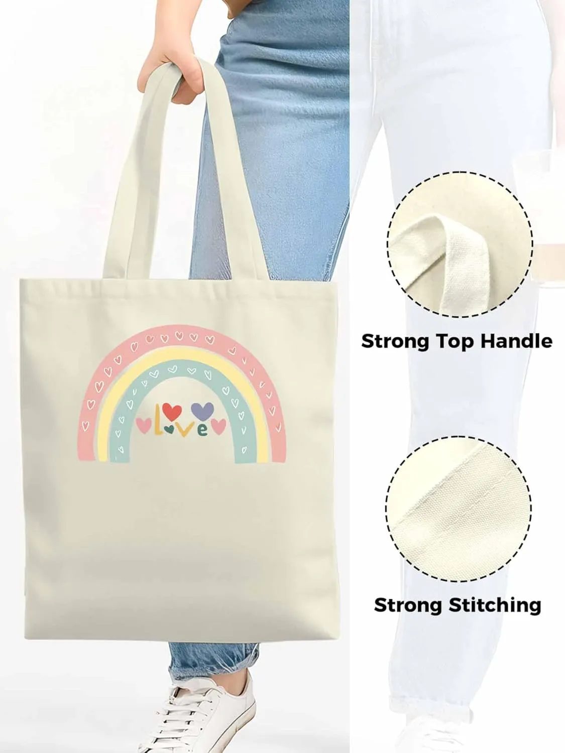 Canvas Tote Bag, Rainbow Love Heart Valentine's Day Aesthetic Canvas Tote Handbags for Women Shoulder Bag,