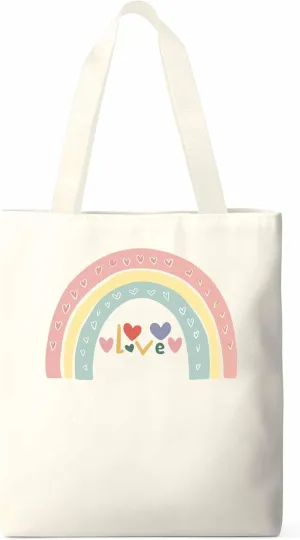 Canvas Tote Bag, Rainbow Love Heart Valentine's Day Aesthetic Canvas Tote Handbags for Women Shoulder Bag,