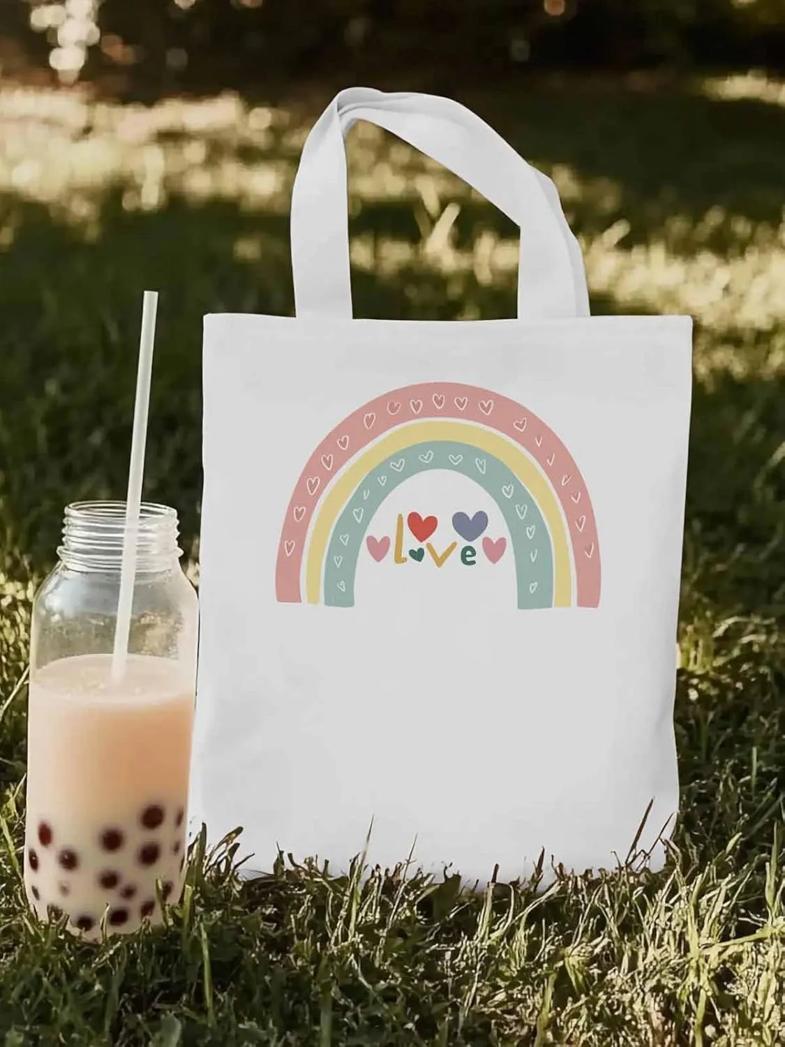 Canvas Tote Bag, Rainbow Love Heart Valentine's Day Aesthetic Canvas Tote Handbags for Women Shoulder Bag,