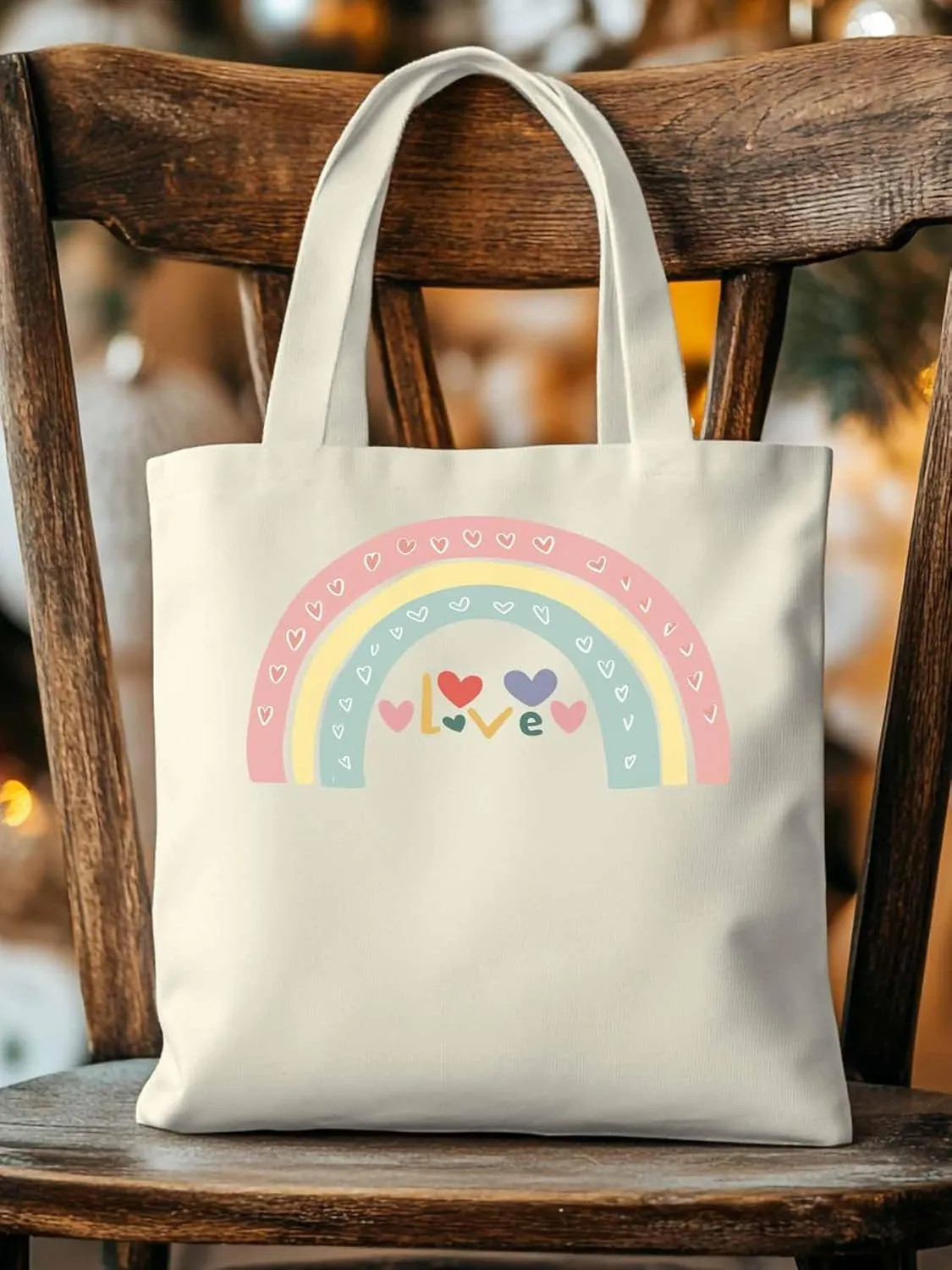 Canvas Tote Bag, Rainbow Love Heart Valentine's Day Aesthetic Canvas Tote Handbags for Women Shoulder Bag,