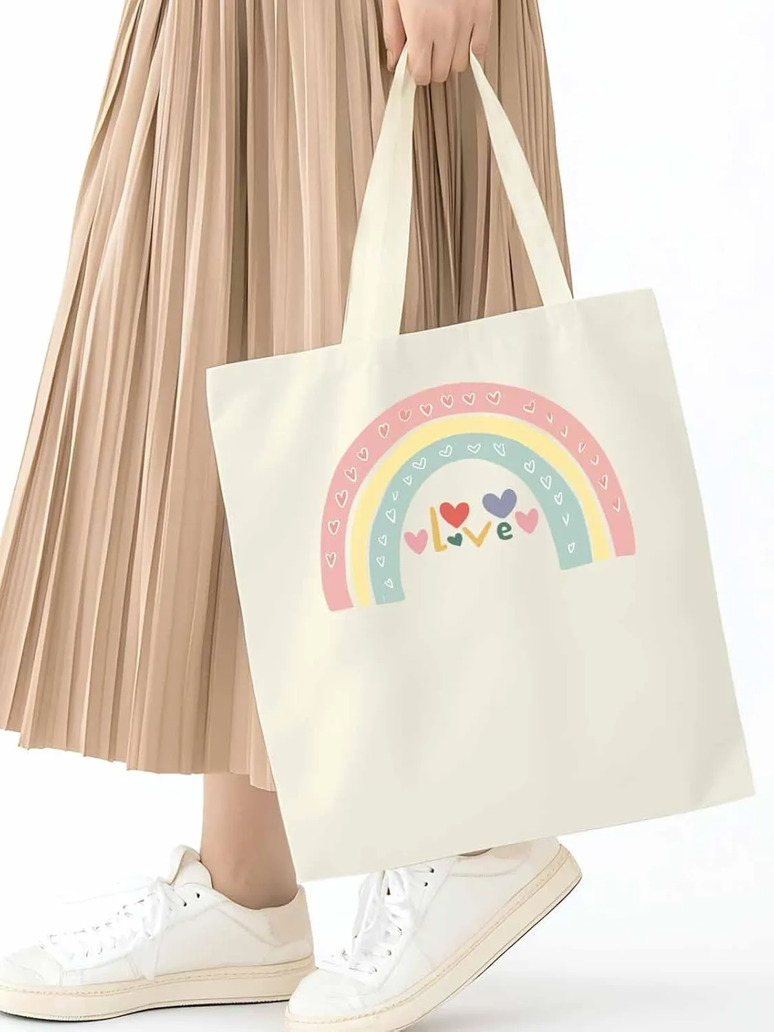 Canvas Tote Bag, Rainbow Love Heart Valentine's Day Aesthetic Canvas Tote Handbags for Women Shoulder Bag,