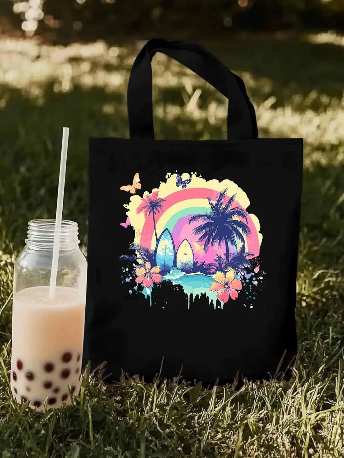 Canvas Tote Bag, Rainbow Palm Tree Butterfly Surfboard Aesthetic Canvas Tote Handbags for Women Shoulder Bag