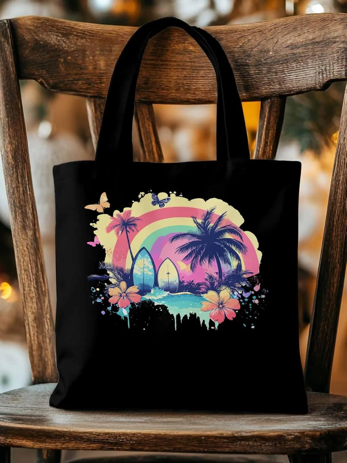 Canvas Tote Bag, Rainbow Palm Tree Butterfly Surfboard Aesthetic Canvas Tote Handbags for Women Shoulder Bag