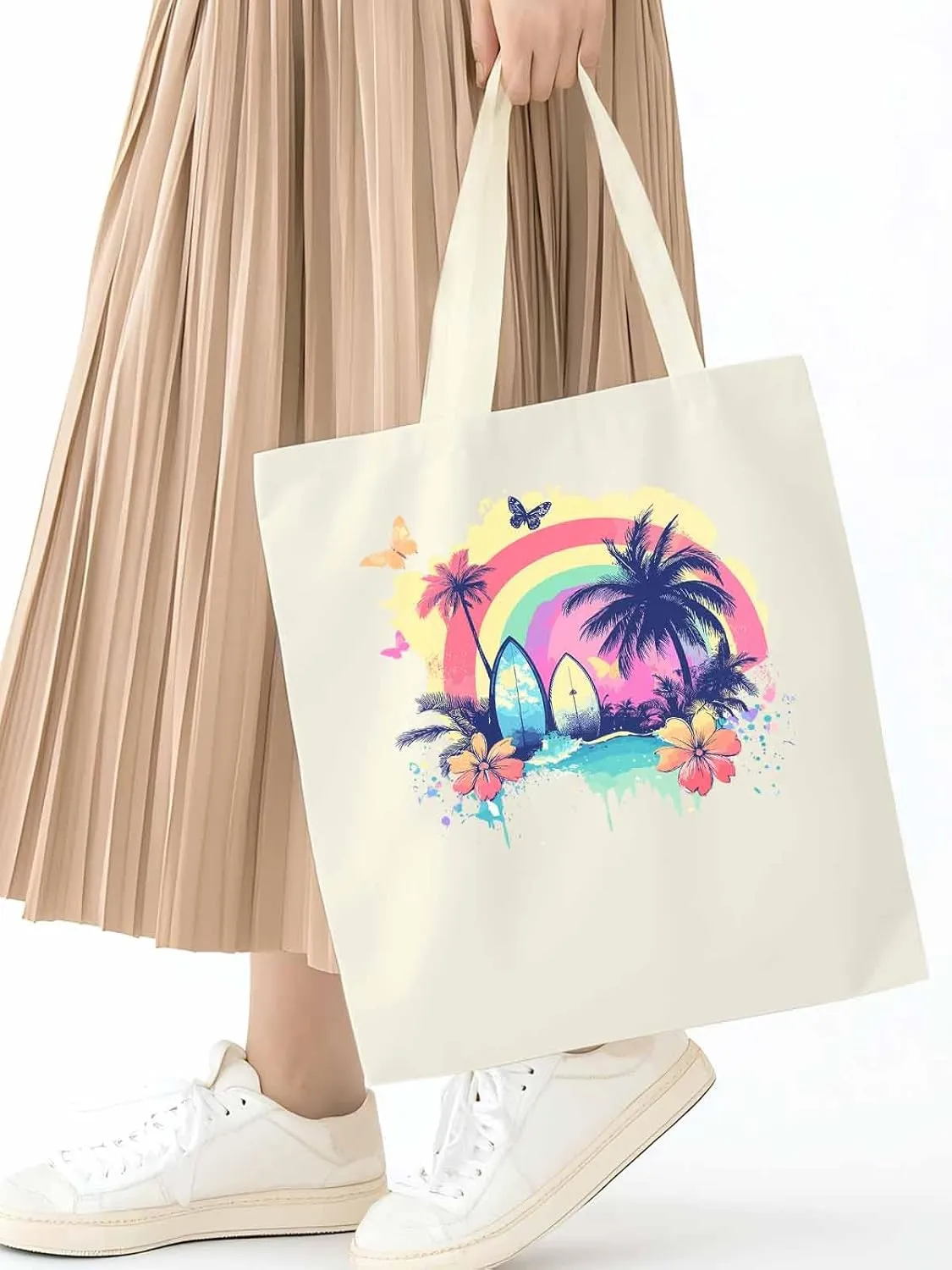 Canvas Tote Bag, Rainbow Palm Tree Butterfly Surfboard Aesthetic Canvas Tote Handbags for Women Shoulder Bag