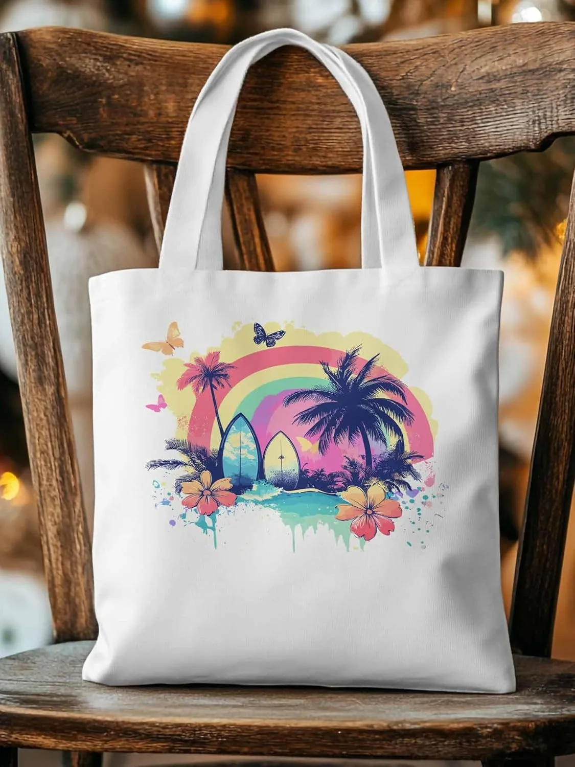 Canvas Tote Bag, Rainbow Palm Tree Butterfly Surfboard Aesthetic Canvas Tote Handbags for Women Shoulder Bag