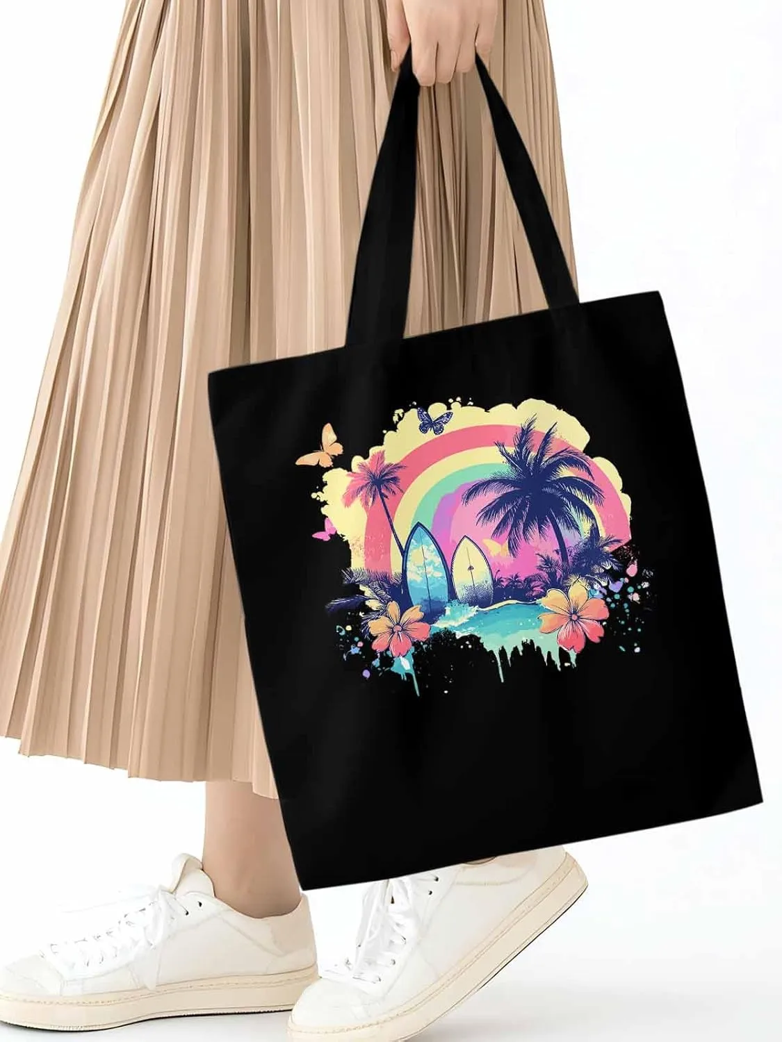 Canvas Tote Bag, Rainbow Palm Tree Butterfly Surfboard Aesthetic Canvas Tote Handbags for Women Shoulder Bag