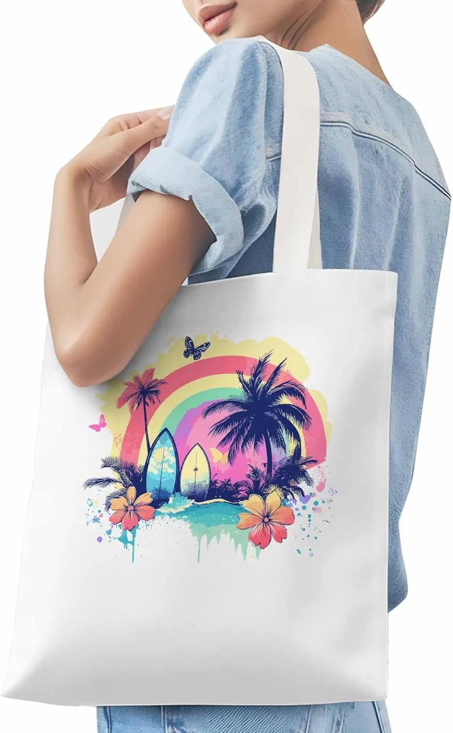 Canvas Tote Bag, Rainbow Palm Tree Butterfly Surfboard Aesthetic Canvas Tote Handbags for Women Shoulder Bag