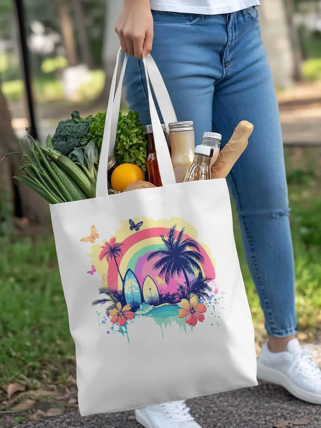 Canvas Tote Bag, Rainbow Palm Tree Butterfly Surfboard Aesthetic Canvas Tote Handbags for Women Shoulder Bag