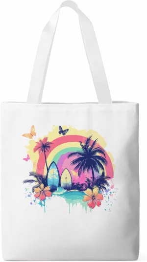 Canvas Tote Bag, Rainbow Palm Tree Butterfly Surfboard Aesthetic Canvas Tote Handbags for Women Shoulder Bag