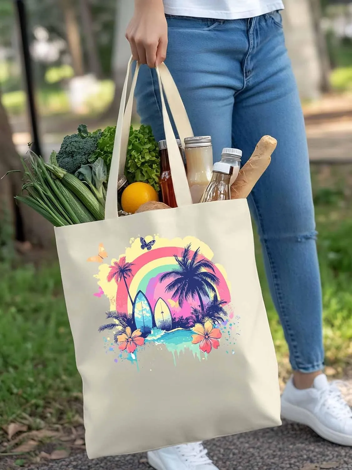 Canvas Tote Bag, Rainbow Palm Tree Butterfly Surfboard Aesthetic Canvas Tote Handbags for Women Shoulder Bag