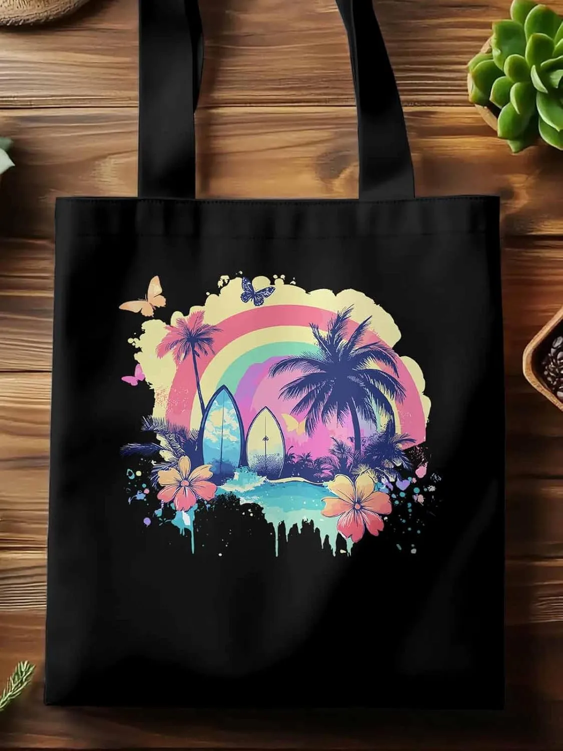 Canvas Tote Bag, Rainbow Palm Tree Butterfly Surfboard Aesthetic Canvas Tote Handbags for Women Shoulder Bag