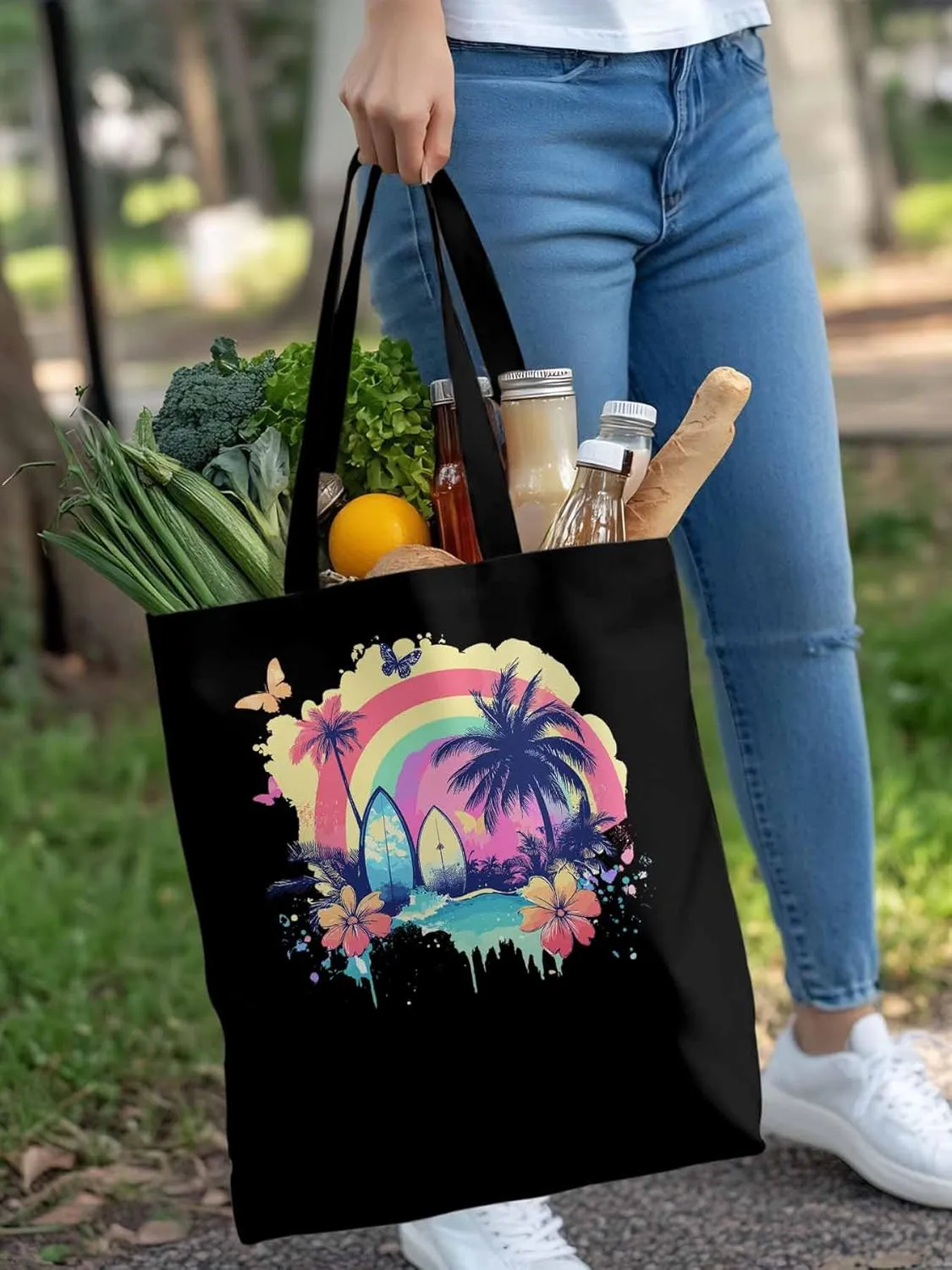 Canvas Tote Bag, Rainbow Palm Tree Butterfly Surfboard Aesthetic Canvas Tote Handbags for Women Shoulder Bag