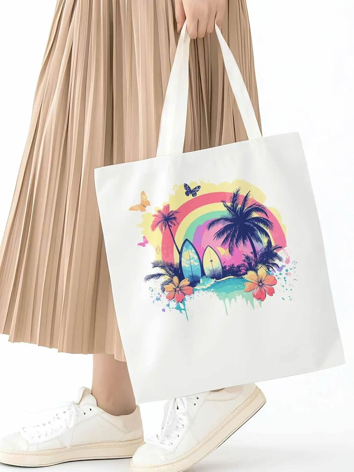 Canvas Tote Bag, Rainbow Palm Tree Butterfly Surfboard Aesthetic Canvas Tote Handbags for Women Shoulder Bag